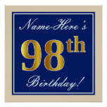 [ Thumbnail: Elegant, Blue, Faux Gold 98th Birthday + Name Poster ]