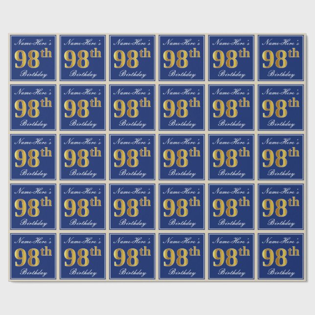 Elegant, Blue, Faux Gold 98th Birthday + Name Wrapping Paper (Flat)