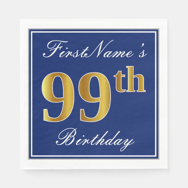 Elegant Blue, Faux Gold 99th Birthday; Custom Name Paper Napkins (Front)