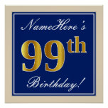 [ Thumbnail: Elegant, Blue, Faux Gold 99th Birthday + Name Poster ]