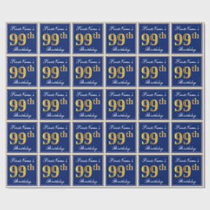 Elegant, Blue, Faux Gold 99th Birthday + Name Wrapping Paper