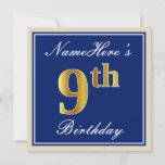 [ Thumbnail: Elegant, Blue, Faux Gold 9th Birthday; Custom Name Invitation ]