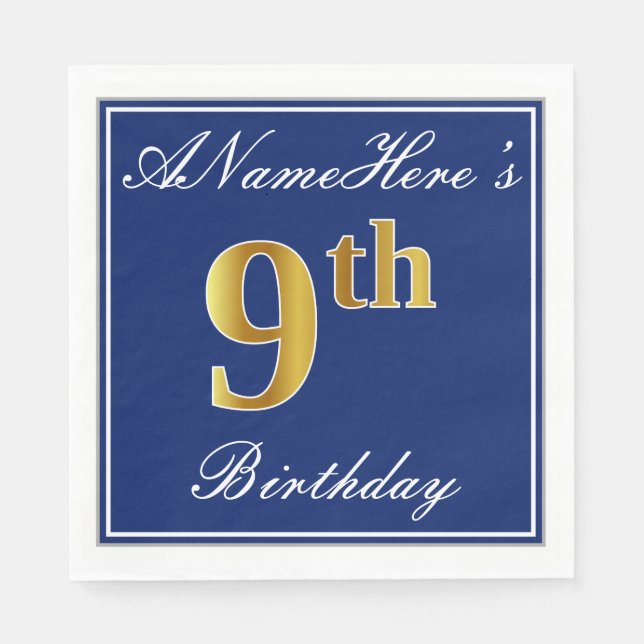 Elegant Blue, Faux Gold 9th Birthday + Custom Name Napkins (Front)