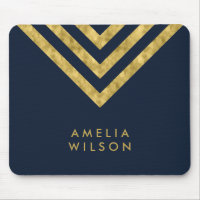 Elegant Blue Faux Gold Name Chevron Geometric Mouse Pad