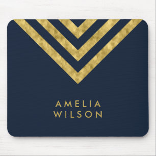 Elegant Blue Faux Gold Name Chevron Geometric Mouse Pad
