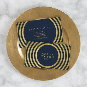 Elegant Blue Faux Gold Round Lines Geometric Event Business Card