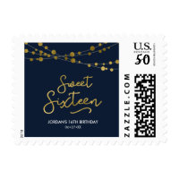 Elegant Blue Faux Gold Strings of Lights Sweet 16 Postage