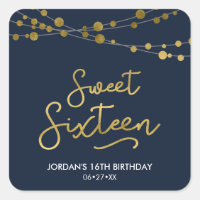 Elegant Blue Faux Gold Strings of Lights Sweet 16 Square Sticker