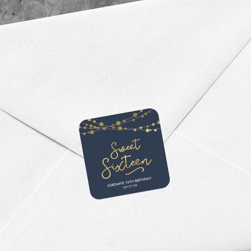 Elegant Blue Faux Gold Strings of Lights Sweet 16 Square Sticker