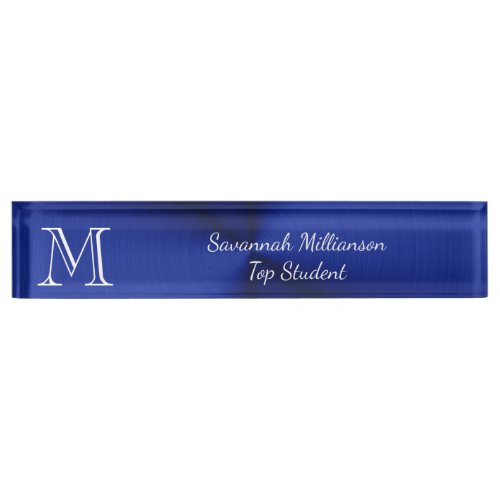 Elegant Blue Faux Metal Monogram Student Desk Name Plate