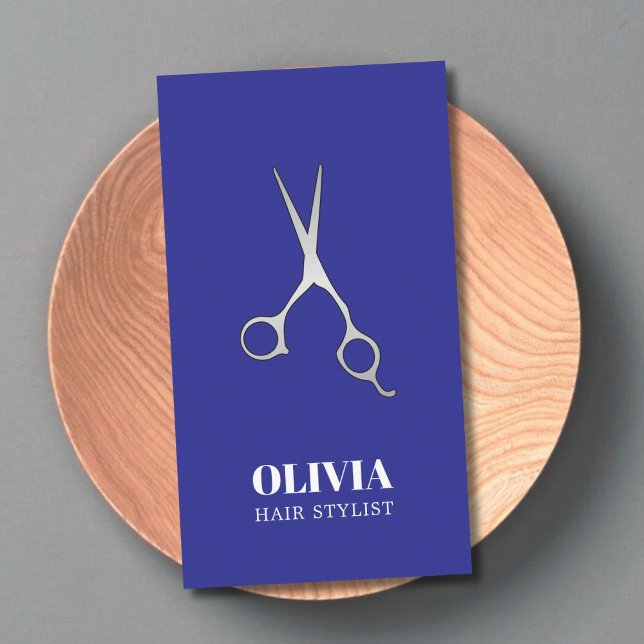 Elegant Blue Faux Silver Scissors Bold Hair Salon Business Card (Creator Uploaded)