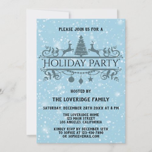 Elegant Blue Festive Christmas Holiday Party Snow Invitation