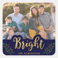 Elegant Blue Festive Foliage Bright Holiday Photo Square Sticker
