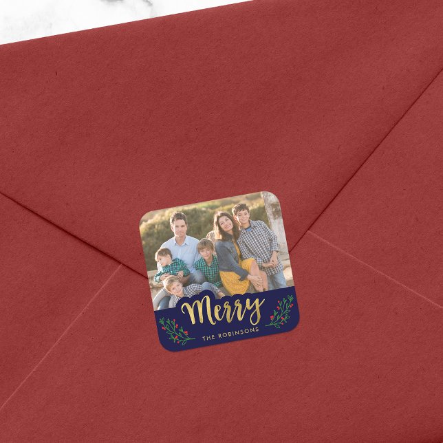 Elegant Blue Festive Foliage Merry Holiday Photo Square Sticker (Creator Uploaded)