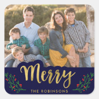 Elegant Blue Festive Foliage Merry Holiday Photo Square Sticker