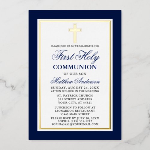 Elegant Blue First Holy Communion Cross Gold Foil Invitation