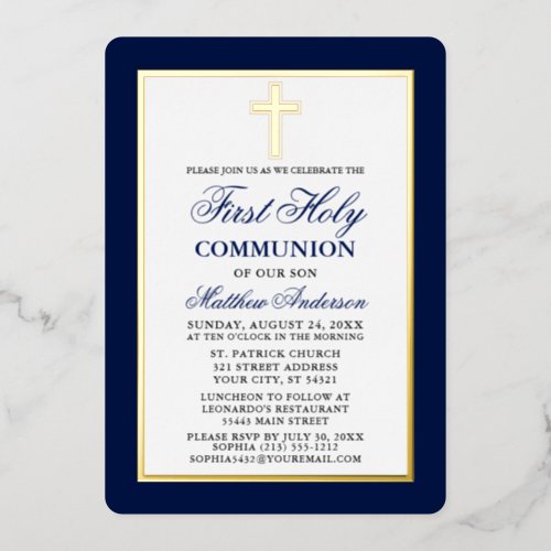 Elegant Blue First Holy Communion Cross Gold Frame Foil Invitation