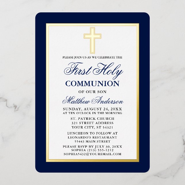 Elegant Blue First Holy Communion Cross Gold Frame Foil Invitation (Front)