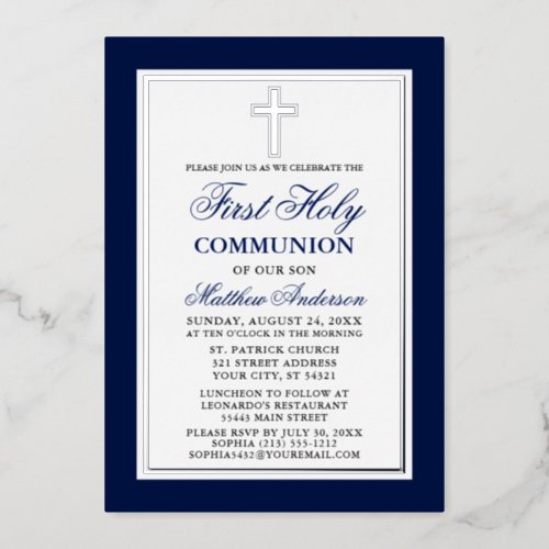 Elegant Blue First Holy Communion Cross Silver Foil Invitation