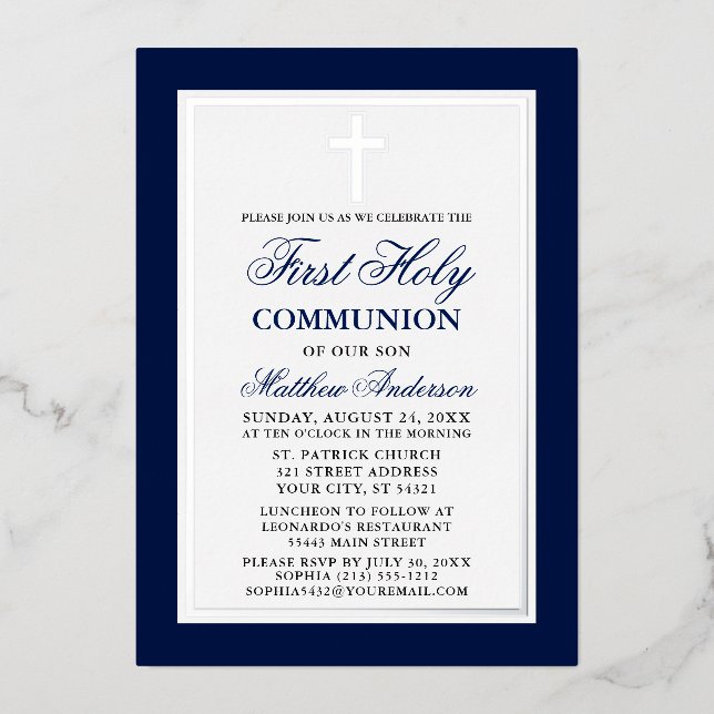 Elegant Blue First Holy Communion Cross Silver Foil Invitation (Front)
