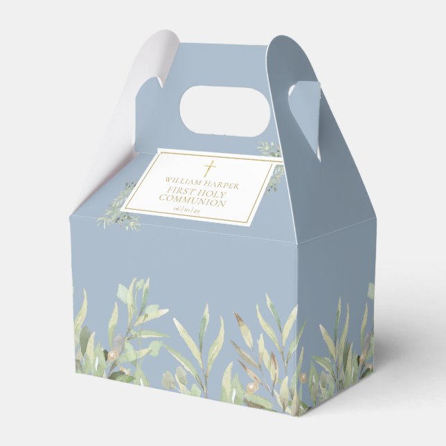 Elegant Blue First Holy Communion Greenery Favor B Boxes (Front Side)