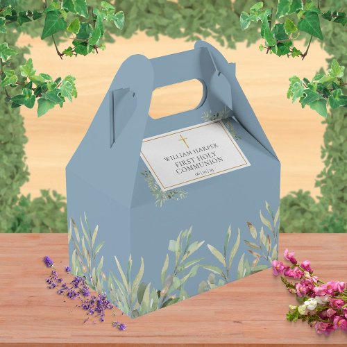 Elegant Blue First Holy Communion Greenery Favor Boxes