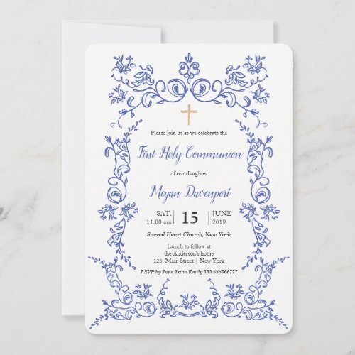 Elegant Blue First Holy Communion Invitation