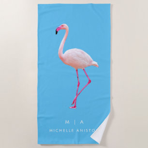 Elegant Blue Flamingo Monogram Custom Dry Beach Towel