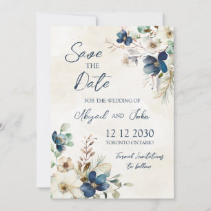 Elegant Blue Flora Winter Save the Date Card