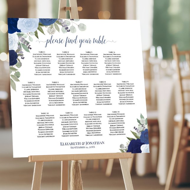 Elegant Blue Floral 13 Table Wedding Seating Chart Foam Board (On Stand at Reception)