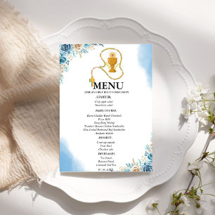 Elegant Blue Floral 1st Communion Party Menu Card