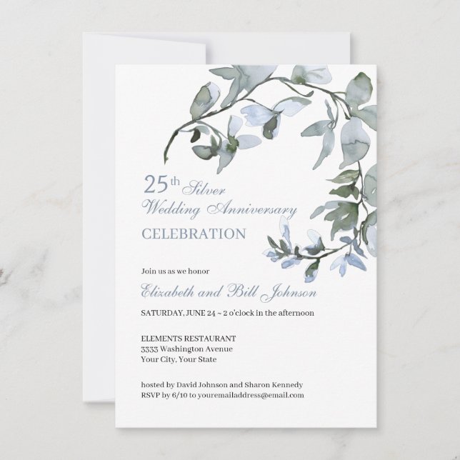 Elegant Blue Floral 25th Wedding Anniversary Invitation (Front)