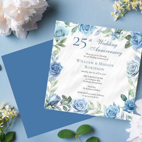 Elegant Blue Floral 25th Wedding Anniversary Party Invitation