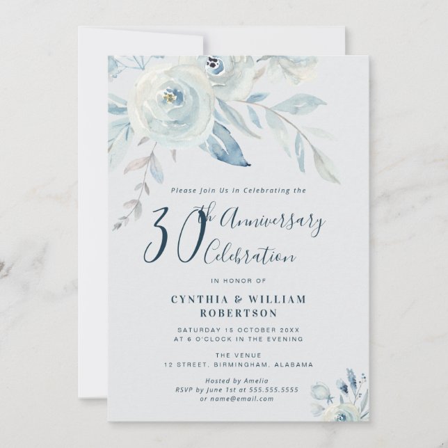 Elegant blue floral 30th wedding anniversary invitation (Front)