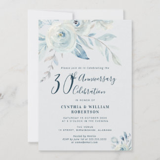 Elegant blue floral 30th wedding anniversary invitation