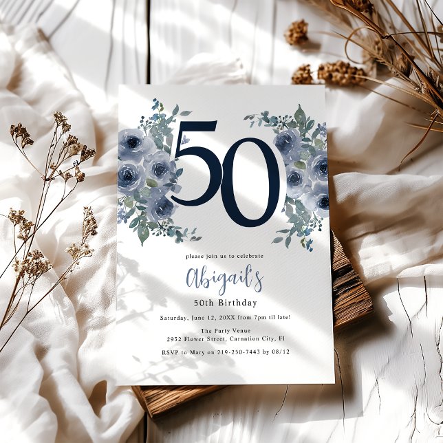 Elegant Blue Floral 50th Birthday Invitation (Creator Uploaded)