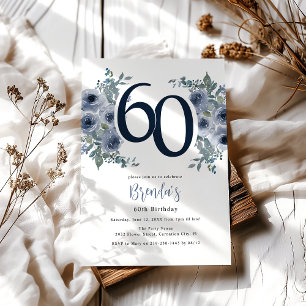 Elegant Blue Floral 60th Birthday Invitation