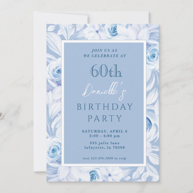 Elegant Blue Floral 60th Birthday Invitations (Front)