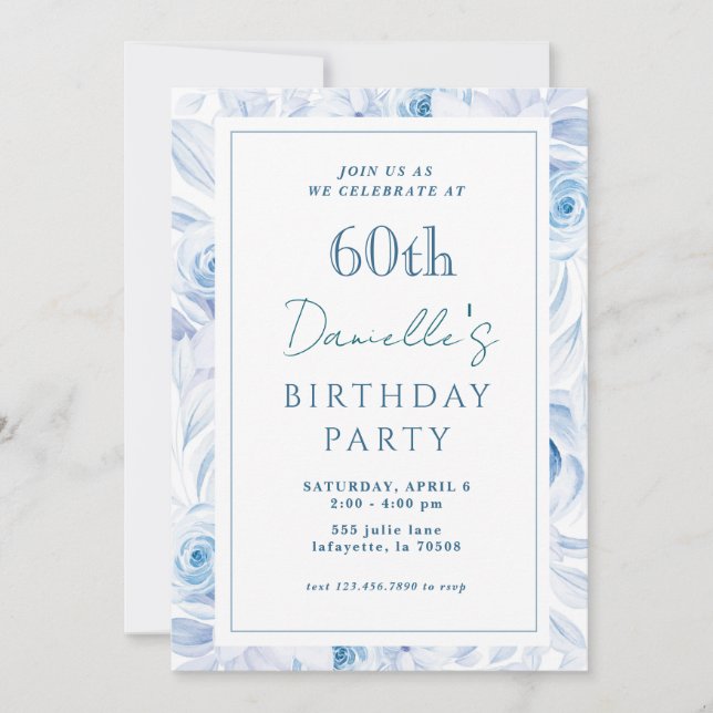 Elegant Blue Floral 60th Birthday Invitations (Front)