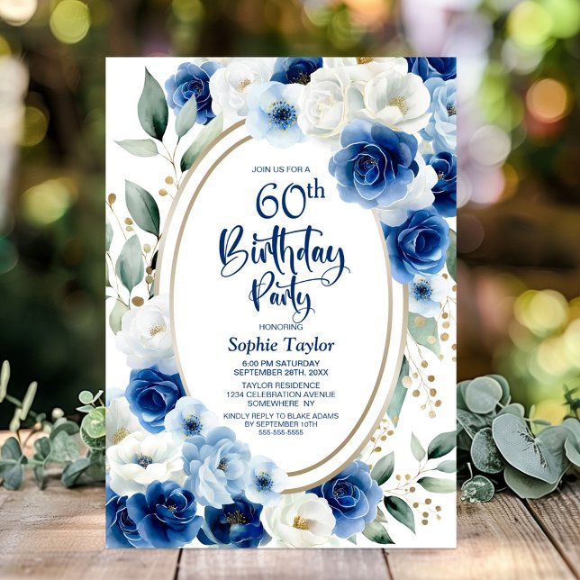 Elegant Blue Floral 60th Birthday Party Invitation (Creator Uploaded)