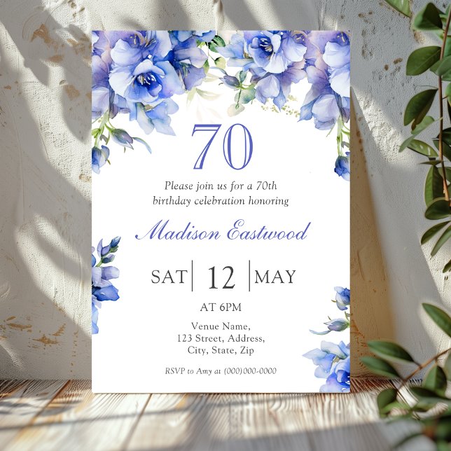 Elegant Blue Floral 70th Birthday Invitation (Creator Uploaded)