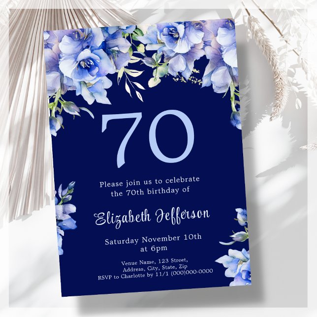 Elegant Blue Floral 70th Birthday Invitation (Creator Uploaded)
