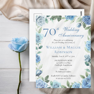 Elegant Blue Floral 70th Wedding Anniversary Party Postcard