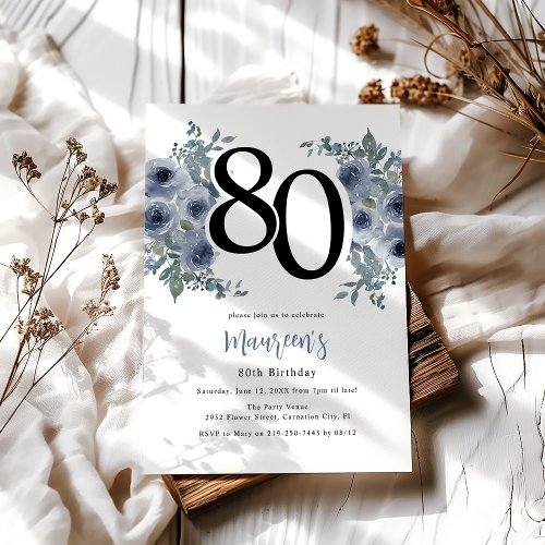 Elegant Blue Floral 80th Birthday