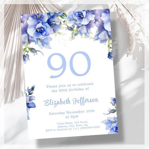 Elegant Blue Floral 90th Birthday Invitation