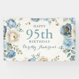 Elegant Blue Floral 95th BIrthday Party Banner