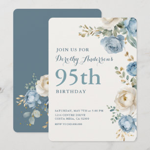 Elegant Blue Floral 95th BIrthday Party Invitation
