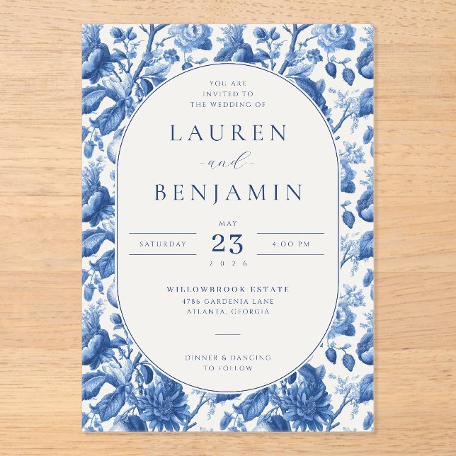 Elegant Blue Floral Acrylic Invitations (Front)