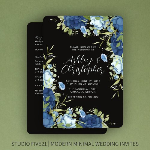 Elegant Blue Floral All_in_One Wedding Invitation