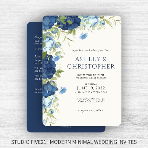 Elegant Blue Floral All_in_One Wedding Invitation